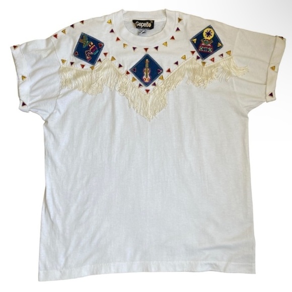 Vintage 90s Gepetto Western Fringe Bejeweled T-Shirt White Single Stitch Sz L - Picture 5 of 16